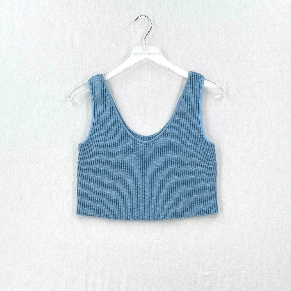 ENZA COSTA Rib Sweater Knit Cropped Tank Womens Medium Blue Stretch Wide Strap - Picture 1 of 13